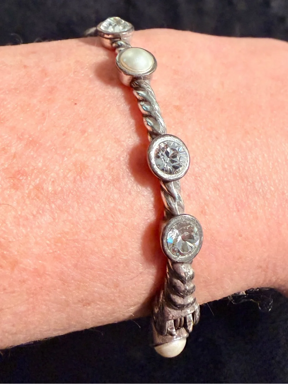Brighton Monte Carlo Crystal Pearl Silver Hinged Bangle Bracelet